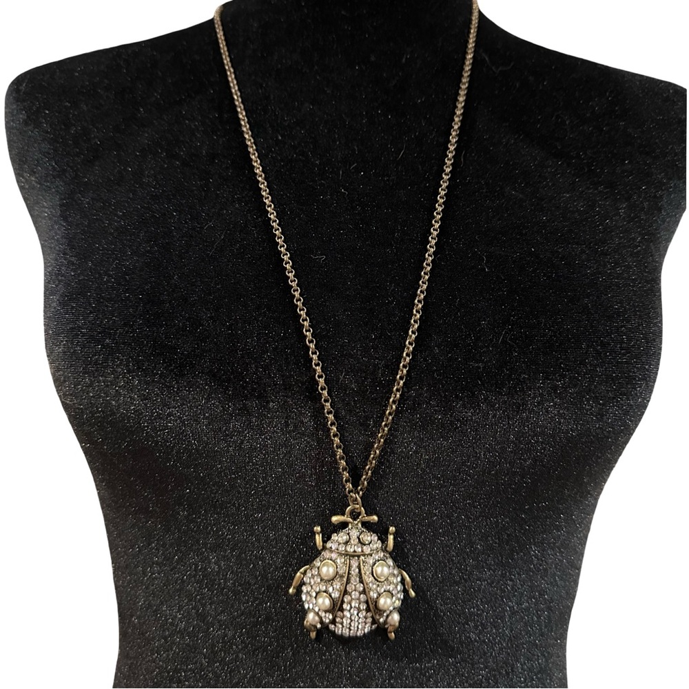 Beetle Pendant Necklace Antique Gold Tone Faux Pearl Detail Rhinestone Inlay
